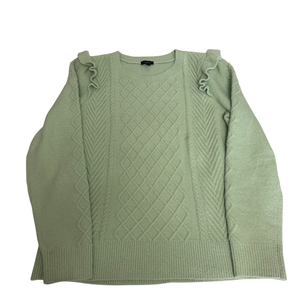 Talbots Womens Large Frosty Green Ruffle Shoulder Cable Knit Crew Neck Sweater L